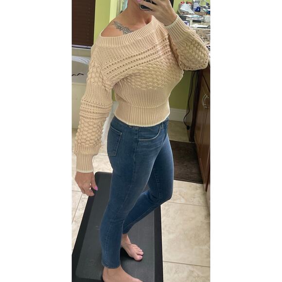 Tularosa Off Shoulder Pointelle Sweater in Nude XS taupe beige - Picture 6 of 7